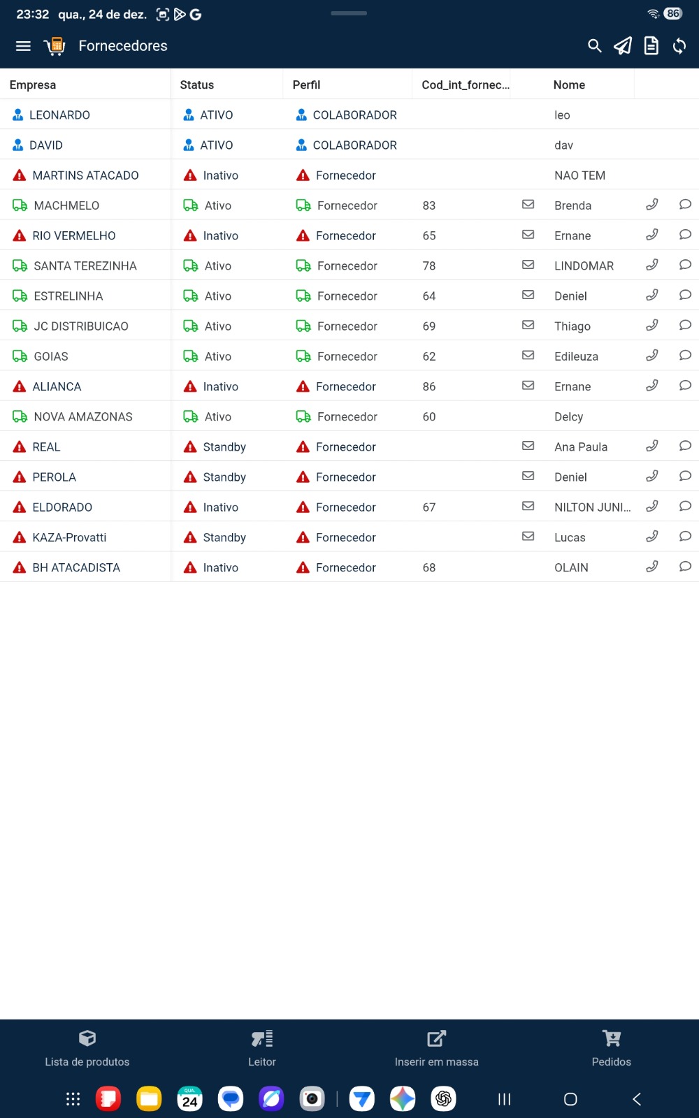 Tela cadastro fornecedores