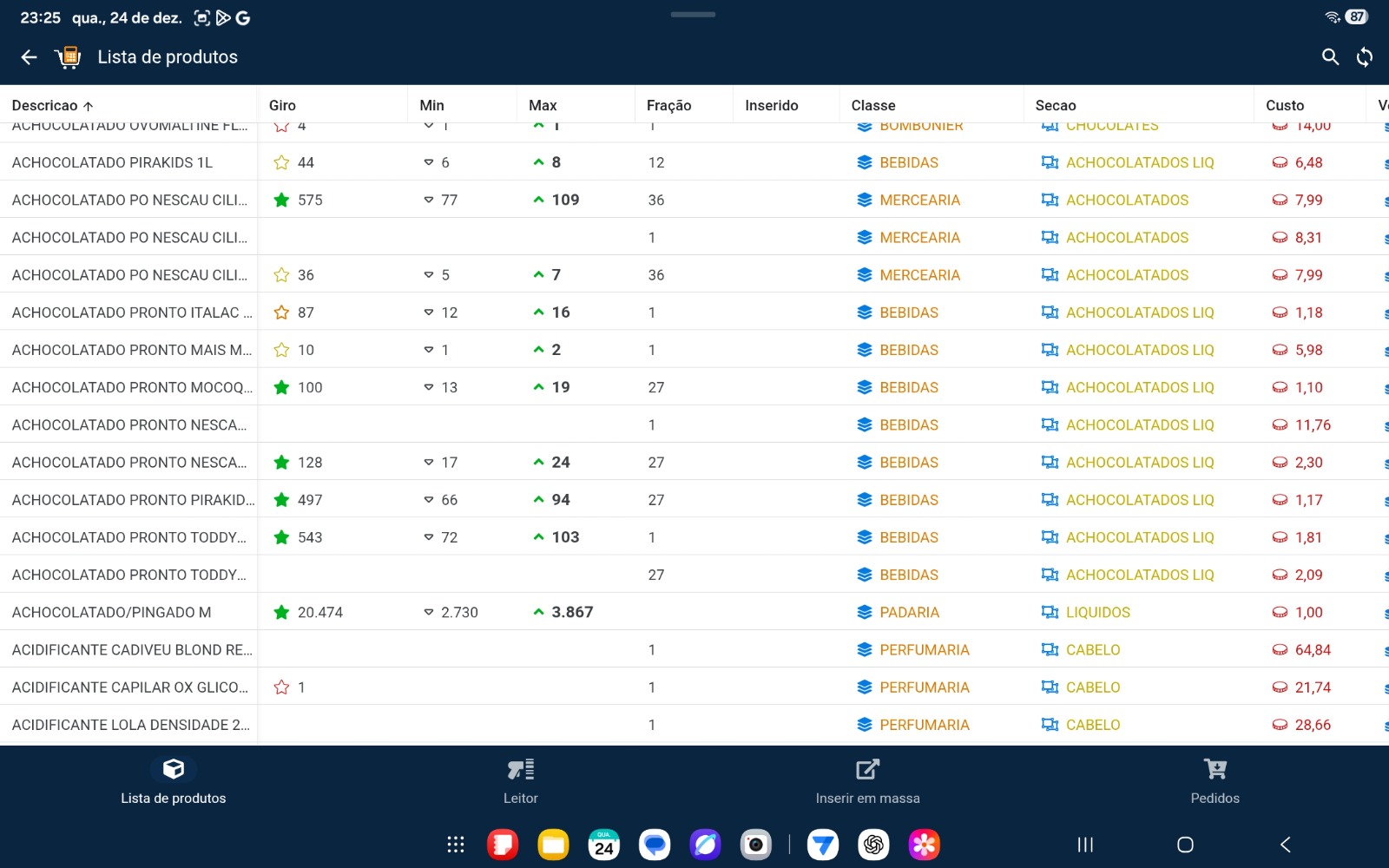 Lista de produtos no Super Cote